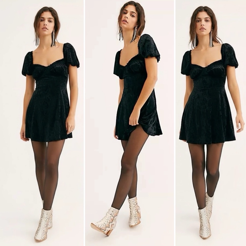 NEW FREE PEOPLE PARISIAN NIGHTS BLACK VELVET MINI SWEETHEART BABYDOLL DRESS RARE